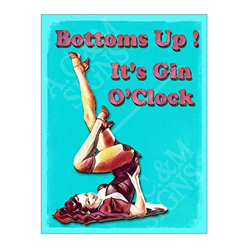 Image of Metal Sign Plaque Print Poster Bottom's Up It's Gin O'clock Gift Dad Man Cave Shed Home Bar Ref12629 (8x6 inches (Approx) 20cmx15cm)