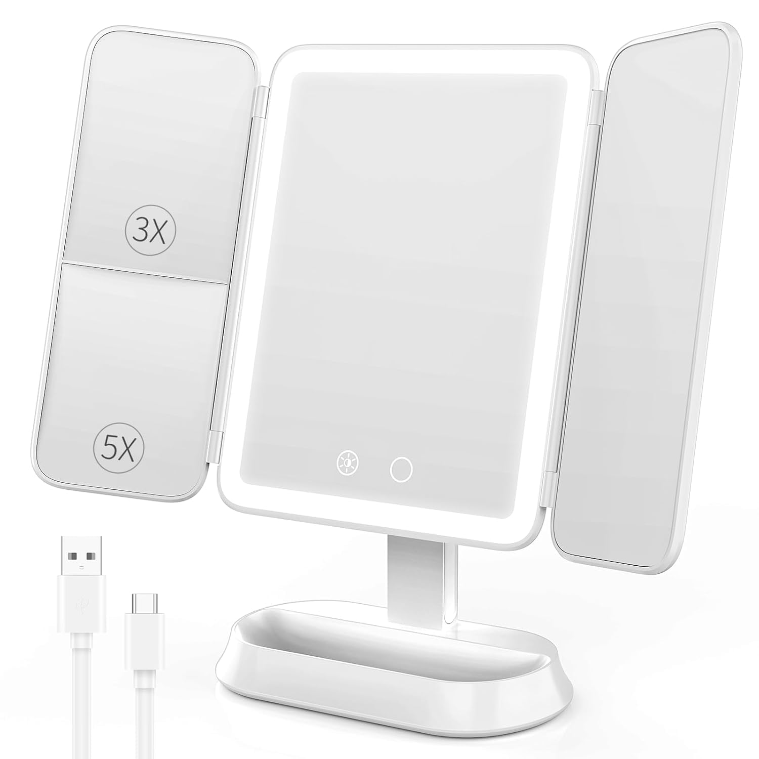 Rechargeable Vanity Mirror with Lights – Trifold Makeup Mirror with 1X/3X/5X Magnification, 80 LED Lights, 3 Color Dimmable Modes, Smart Touch Control & Portable Travel Design for Women-image-46