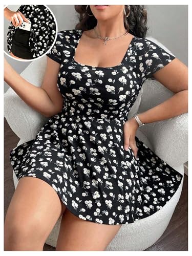 Image of WDIRARA Women's Plus Size Leopard Print Dress Square Neck Short Sleeve Ruffle Hem A Line Dress