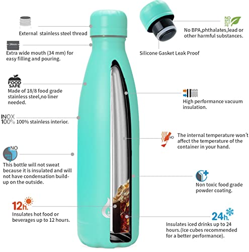 Image of BJPKPK Stainless Steel Water Bottles 17oz Insulated Water Bottle for Travel,Turquoise