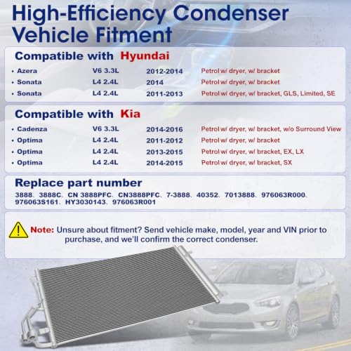 Image of Air Conditioning A /C Condenser Compatible with Hyundai Sonata 11-14 Azera Kia Cadenza Optima # 3888, 976063S161, HY3030143, 976063R001