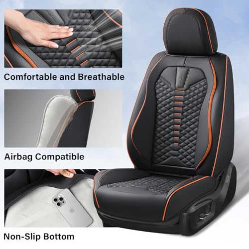 Image of Coverado Leather Seat Covers, Car Seat Covers Full Set, Nappa Leather Seat Covers for Cars, Car Seat Protectors Waterproof, 5 Seats Black&Orange Automotive Seat Covers Fit for Most Cars Trucks