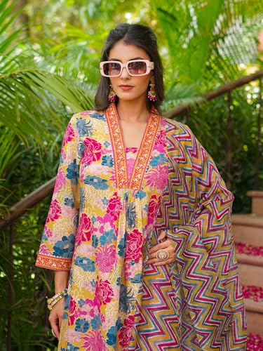 Image of Vaamsi Women's Yellow Rayon Blend Printed Straight Floral Kurta Palazzo With Dupatta Set | Daily Straight Kurta Set For Women | Printed Salwar Suit For Womens