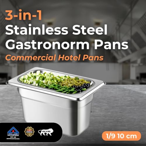 Image of HS Stainless Steel GN Pan Ninth Size 1 /9 150mm Depth 1L Capacity Anti-Jam Design 100% BIS Certified Raw Material European Standard Made in India 17.6 x 10.8 x 15 cm Professional Kitchen Grade
