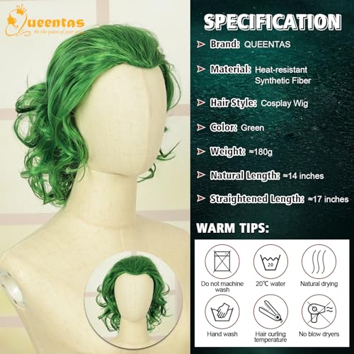 Image of QUEENTAS Short Green Wig for Men Clown Wigs for Men 70s 80s Mens Cosplay Halloween Costume Wig