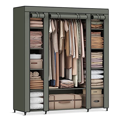 SONGMICS, LSF003C02 - Armadio in tessuto non tessuto pieghevole, 45 x 150 x 175 cm, con 12 ripiani e asta, struttura in metallo, per camera da letto, verde salvia