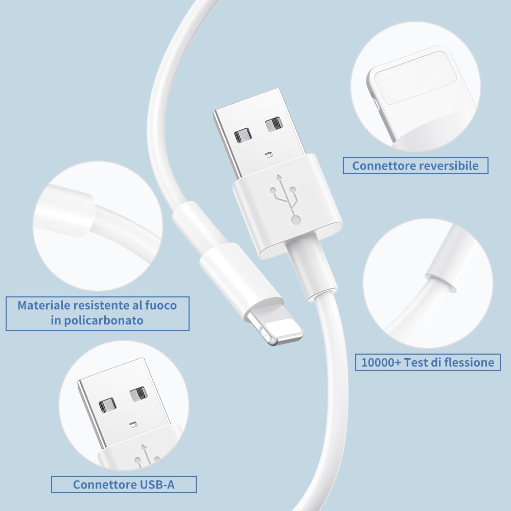 Caricatore for iPhone, Caricabatterie con 4er-Pack Cavo 2M e 5W Presa USB Adatti for iPhone 8 7 6 6S 5 14 13 12 11 Pro Max XR X XS SE Plus Pad, Adattatore USB A Adattatore di Carica Batteria Romalux
