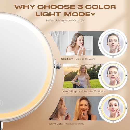 Makeup Mirror with Lights, 1x/20x 360° Rotation Vanity Mirror, Brightness Adjustable Lighted Makeup Mirror with Magnification, 5000 mAh Rechargeable Double Sided Mirror with 3 Colors, Gift for Women - Image 4