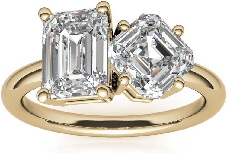 Asscher & Emerald Cut Moissanite Engagement Ring for Women, 2-Stone Moi et Toi Ring, Colorless VVS1, 10K 14K 18K Solid Gold or 925 Sterling Silver, Promise Wedding Anniversary Christmas Gift