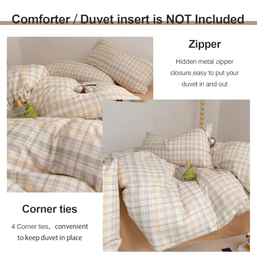 Image of EAVD Grid Plaid Duvet Cover Queen Green Blue Purple Gingham Duvet Cover Set | Soft Muslin Cotton 3-Piece Reversible Gingham Duvet Cover with Zipper Closure Geometric Pattern with 2 Pillowcases All-Season