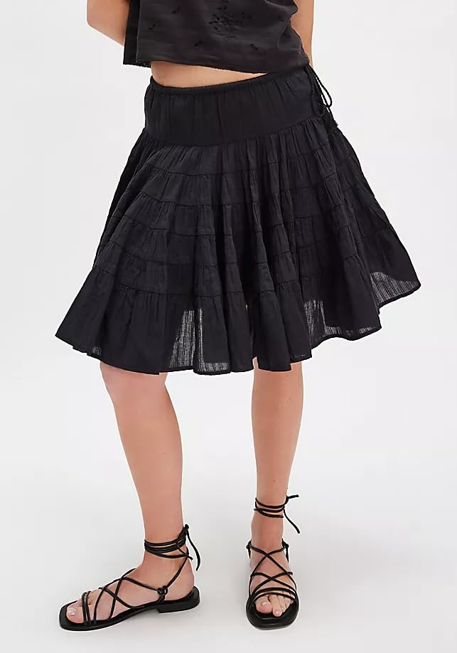 UAURORAO Women Tiered Pleated Skirt Boho Ruffle Flowy Midi Skirts A Line Drawstring Waist Knee Length Country Skirts4