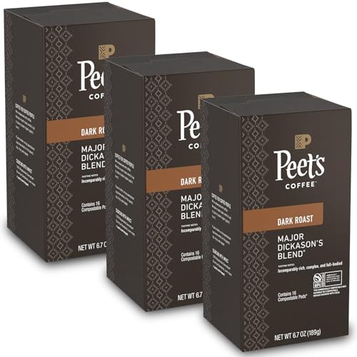 Peet’s Major Dickason’s Coffee Pods – 48 Count (3 Packs of 16) – Dark Roast with Bold, Rich Flavor and Smooth Finish – Compatible with Pelecom Coffee Machines – Peet’s Coffee Pods & Capsules