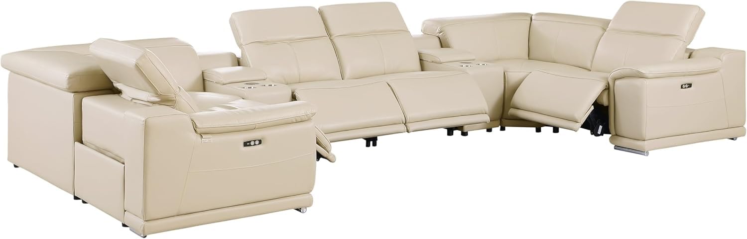 BlackJack Furniture Venice 8-Piece Top Grain Italian Leather Sectional Reclining Sofa Set with 4 Power Recliners, Adjustable Headrests, USB and Wireless Phone Charger and Console Storage, Beige