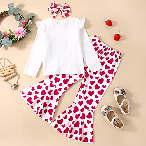 Rtnnsbbfcm Toddler Baby Girl Valentine's Day Outfit Long Sleeve Elephant Heart T-Shirt Top Bell Bottom Pants Headband 3Pcs Set (3-4T,White) #TOP2