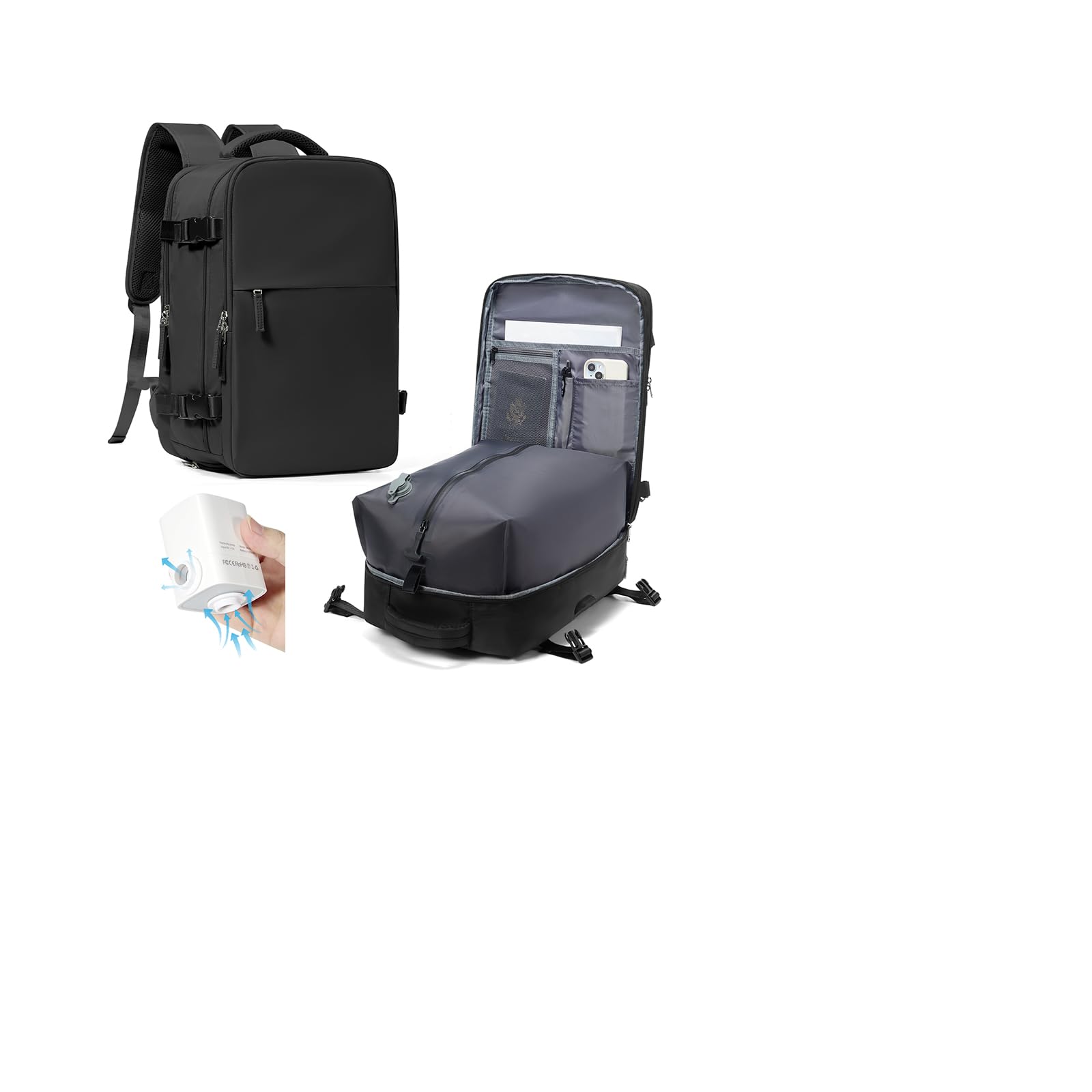 HPLQQ Zaino 40x30x20 per Ryanair Zaino Sottovuoto da Viaggio con Pompa | Aereo Bagaglio a Mano Easyjet Borsa da Cabina per Uomo e Donna Lavoro e Scuola Casual Daypack,N Nero