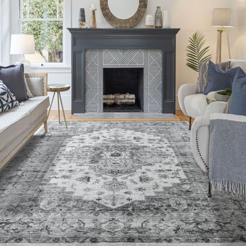 Syalife 8x10 Washable Area Rug, Ultra Soft Non-Slip, Low Pile, Stain Resistant Vintage Area Rug for Living Room, Boho Carpet for Bedroom, Dining Room, Office, Foldable Large Rugs, Dark Grey/White