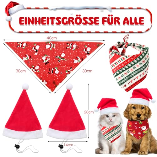 Scettar 2 Stücke Weihnachten Haustier Bandana Schal und 2 Stücke Weihnachtsmütze,Weihnachten Haustier Kostüm,Hund Halstuch für Kleine Mittelgroße Große Hunde Katzen