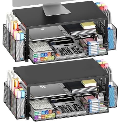 OPNICE Desk Organizer and Accessories, 2-Tier Computer Monitor Stand Riser with Drawer and 2 Pen Holders, Laptop Stand, Office Desk Accessories for Office Supplies, Black 2-Pack