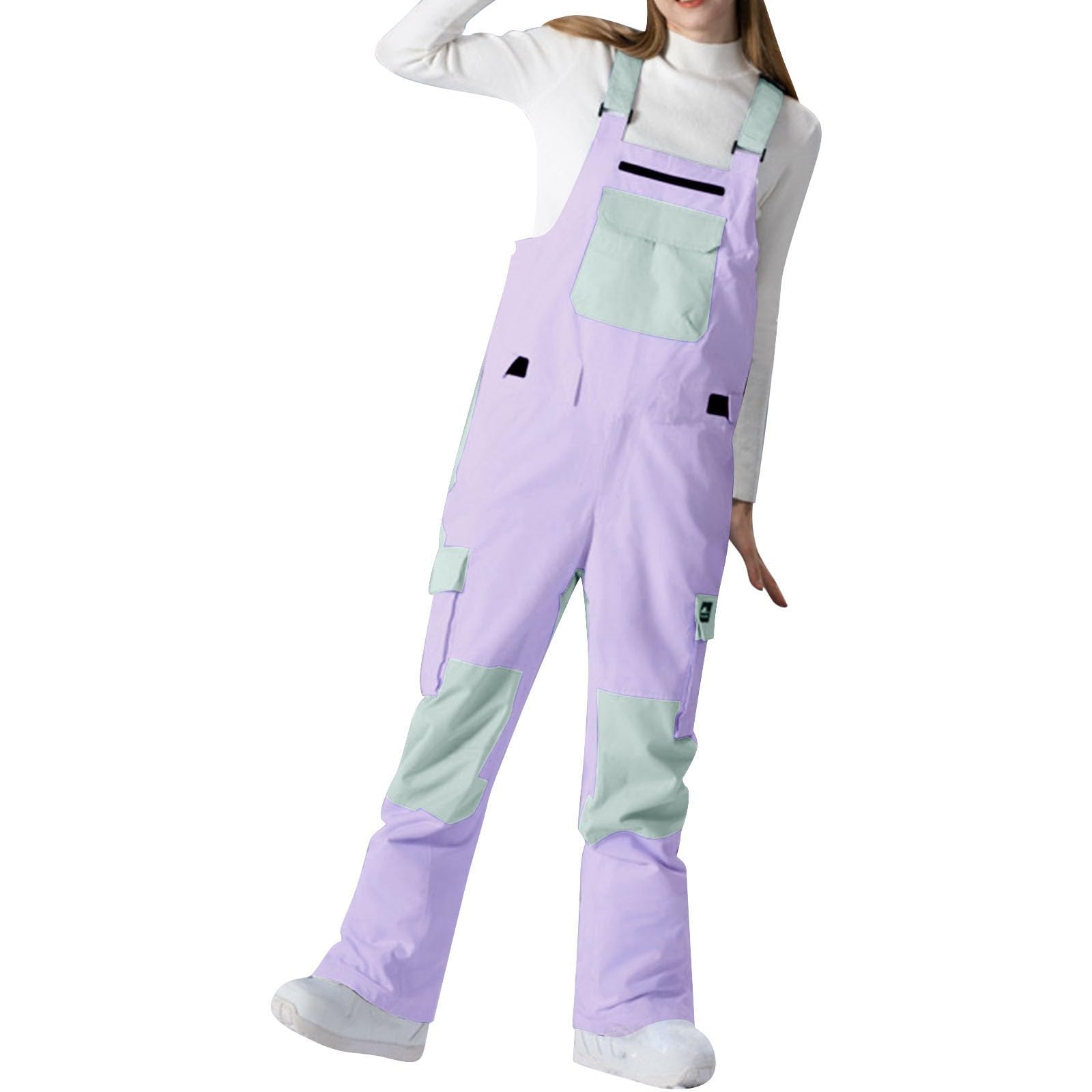 Overol de esquí térmico para mujer, overol impermeable cómodo, resistente al viento, transpirable, traje de esquí atlético con bolsillos en el pecho, overol térmico con múltiples bolsillos, rosa, XL