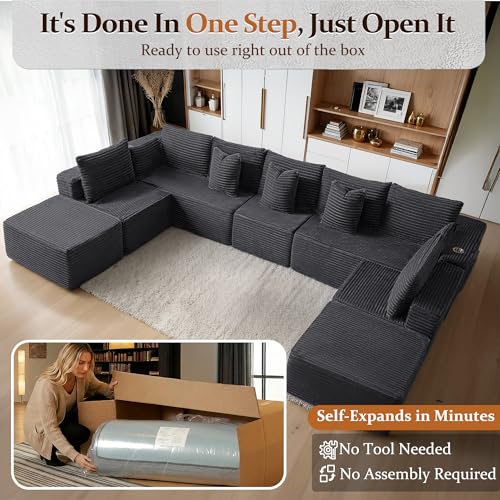 Image of 168 inch Cloud Sectional Couch, Comfort U Shaped Sofa for Living Room, Extra Deep Seats No Assembly, Minimalist Modular Couch, Corduroy (Dark Grey, 9 Seats,U-Shape A)