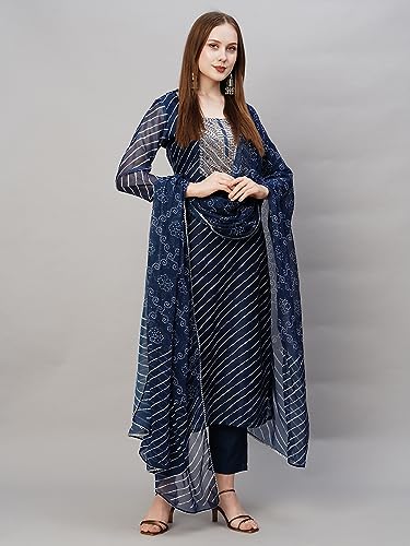 ANNI DESIGNER Women's Cotton Blend Straight Printed Kurta with Pant & Dupatta (Doremi Navy-NW_S_Navy Blue_Small)