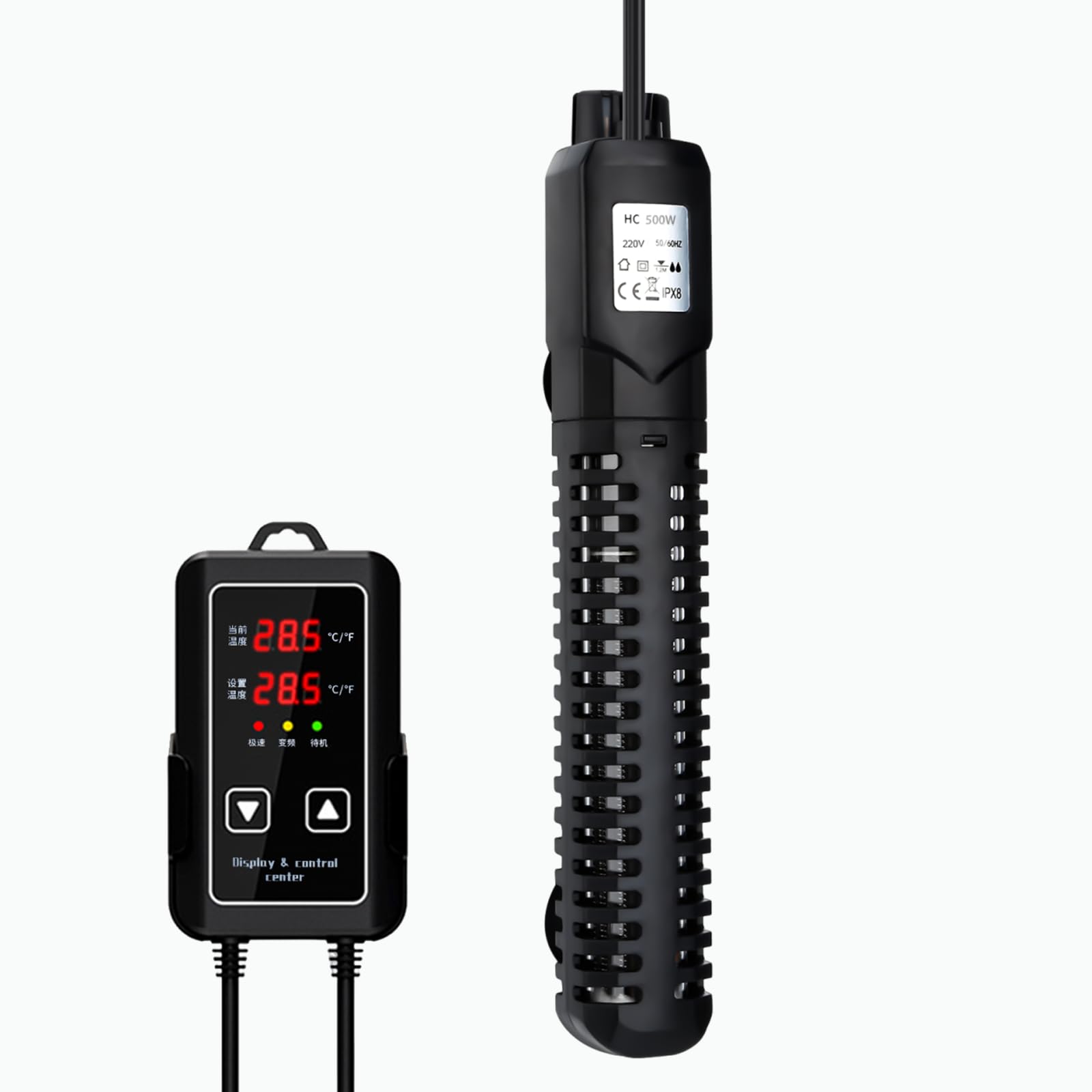 HUIZHOU Chauffage pour Aquarium (15-34 °C), thermoplongeur pour Aquariums et bassins à Poissons avec régulateur de température et Protection Contre la surchauffe (500W)