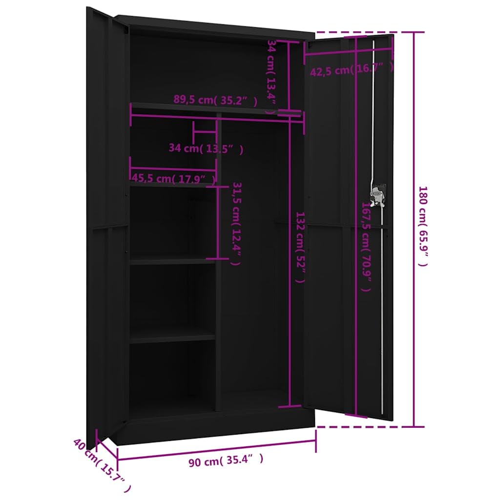 Szafka z szafką czarna ze stali 90 x 40 x 180 cm z 4 wkładanymi półkami i 3-punktową blokadą, zamykana, idealna do biura, biura domowego, gabinetu i archiwum