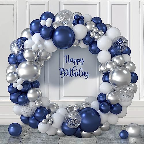 Arche Ballons Bleu Marine, 117pcs Kit Arche Anniversaire Ballons Bleu Argenté, Kit Guirlande Ballons Bleu Blanc et Argent pour Fête Decoration Anniversaire...