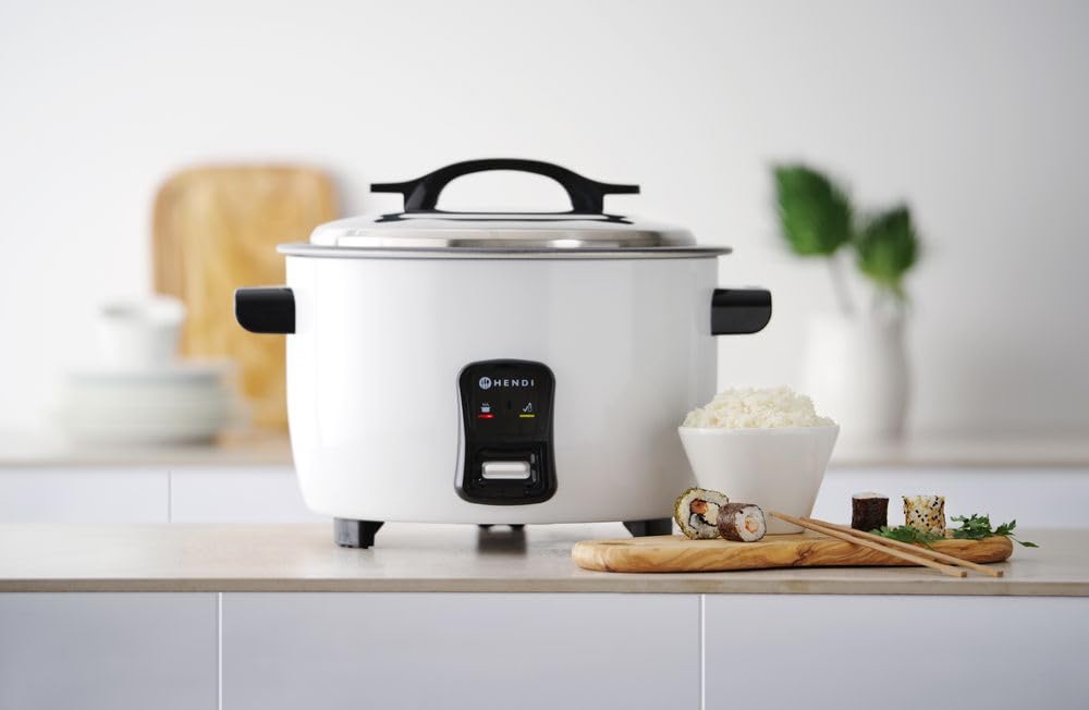 HENDI Reiskocher, Warmhaltefunktion, 23 Tassen Trockenreis, Messbecher und Reislöffel, 230V, 1550W, ø380x(H)240mm, Aluminium, 4.2L