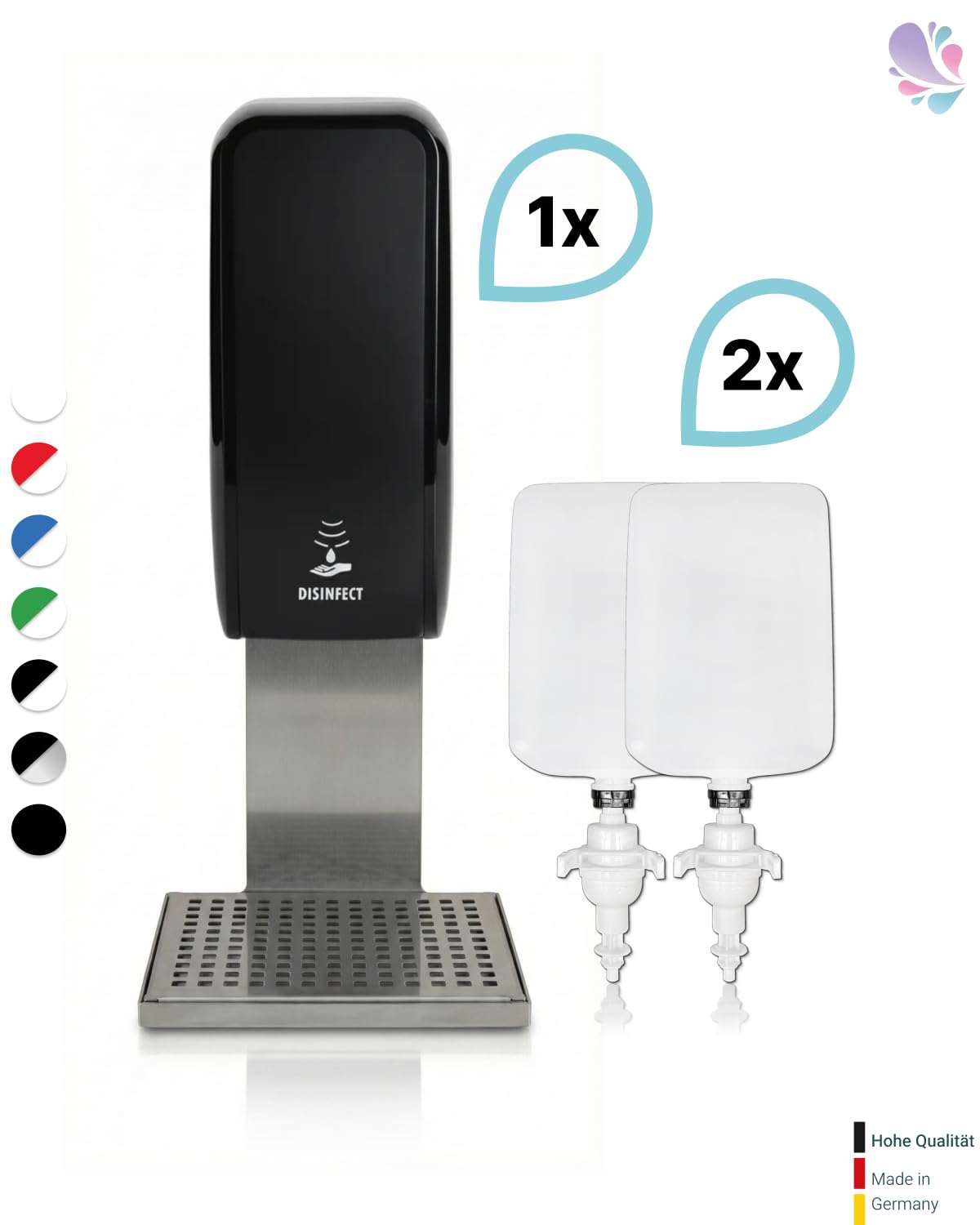 Set Cosmos Sensor Desinfektionsspender + Schale Schwarz | Berührungsloser Cosmos Desinfektionsspender mit Sensor, Auffangschale und 2x1 L Händedesinfektion für 2.000 Anwendungen