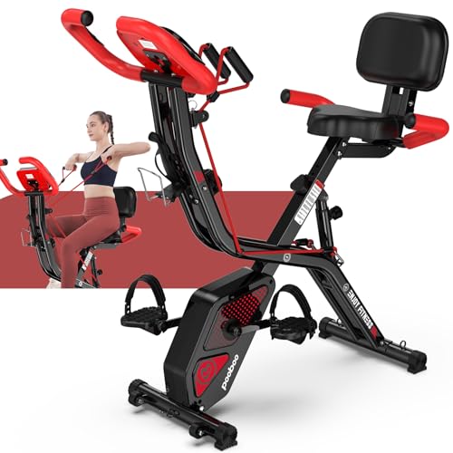pooboo Folding Exercise Bike, Foldable Upright Stationary Bike, Indoor Cycling Magnetic X-Bike with 8-Level Adjustable Resistance, 6.6 LBS Flywheel, 300LB Capacity, Bottle Holder & Back Support Cushion for Home Gym