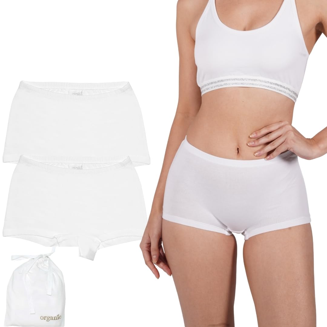 ORGANICKID Womens Organic Cotton Boxer Briefs Underwear Seamless Boyshort Soft GOTs Certified Panties in Gift Bag pack of 2