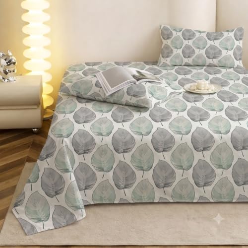 Image of IVAZA 240 TC Soft Ezyption Cotton Floral Print King Size Bedsheet - with 2 Pillow Covers, Hypoallergenic, Brethable, (Size- 90 x 90 Inch) Grey Leaf