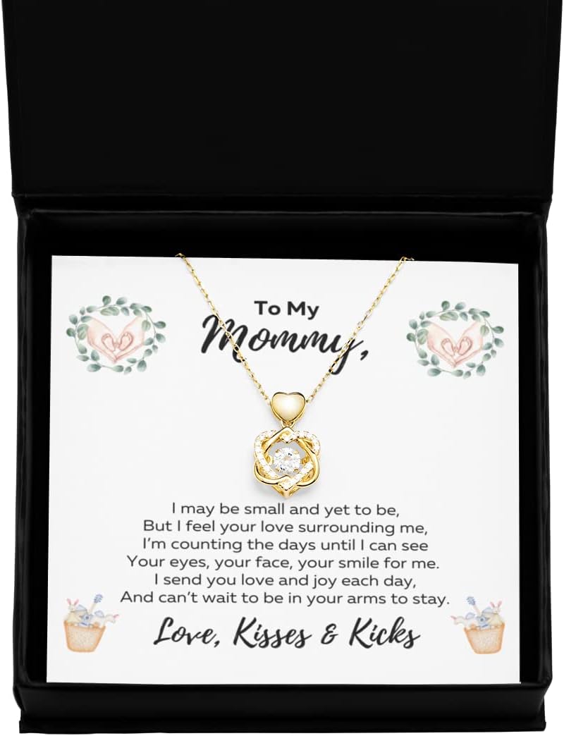 To My Mommy Necklace From Unborn Baby, Mother’s Day New Mom, Pregnant Wife Necklace, Pregnant Daughter-in-Law Gifts, Jewelry for Mom To Be, Gold Heart Knot Mommy Pendant