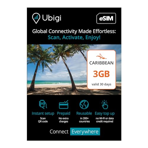 Travel Data Plan Caribbean- Prepaid International eSIM Card 3 GB Internet Data in 5G/4G/LTE (Data tethering Allowed) for 30 Days. No Extra Charge or Roaming fees. Easy to use.