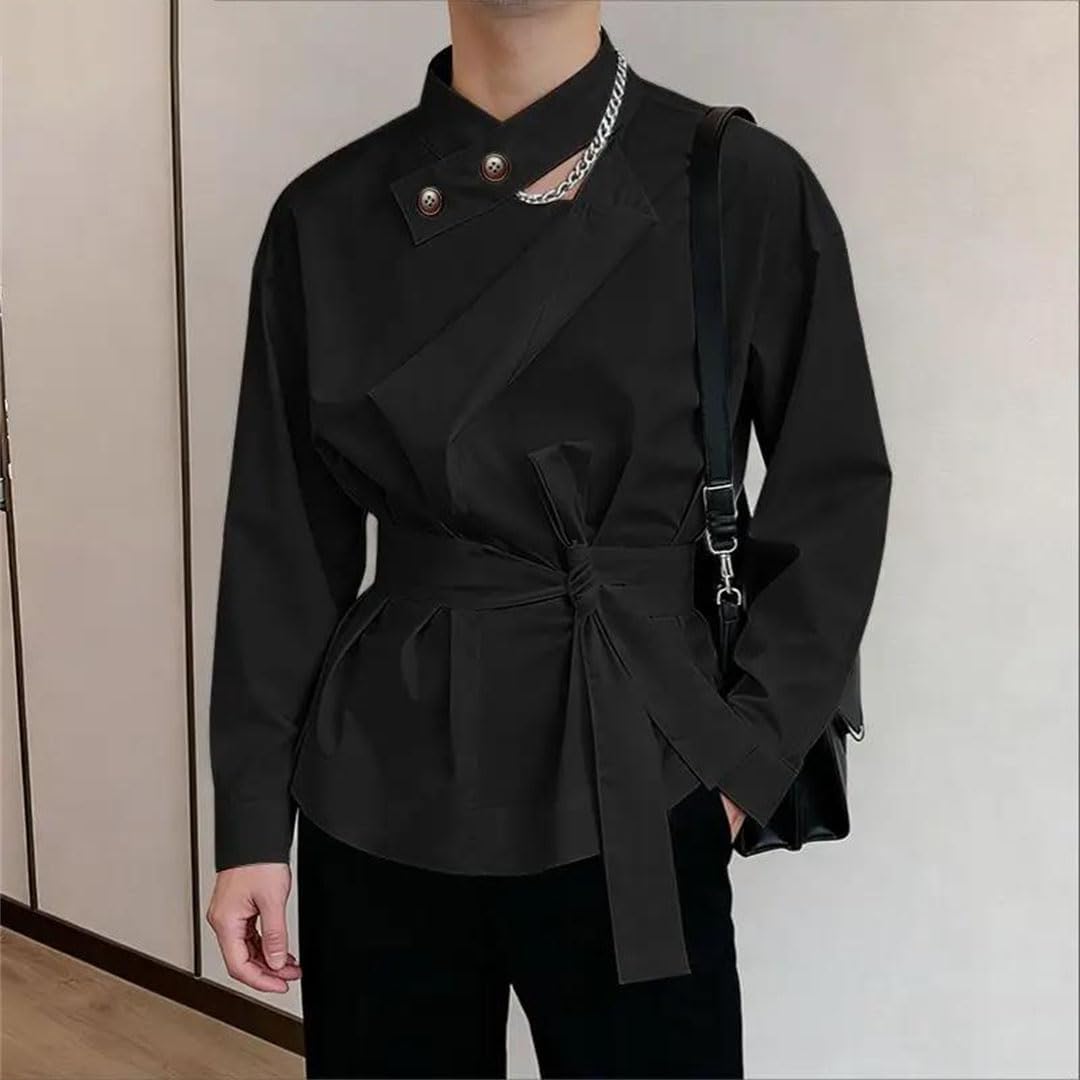 Men Spring Solid Color Stand Collar Long Sleeve Shirt with Lace-Up Detail Loose Casual Top
