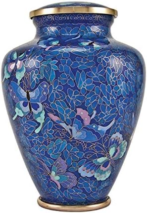 Cloisonne Blue Bronze Memorial Urn for Ashes - Large - Holds Up to 200 Cubic Inches of Ashes - Golden Bronze and Blue Cremation Urn for Adults
