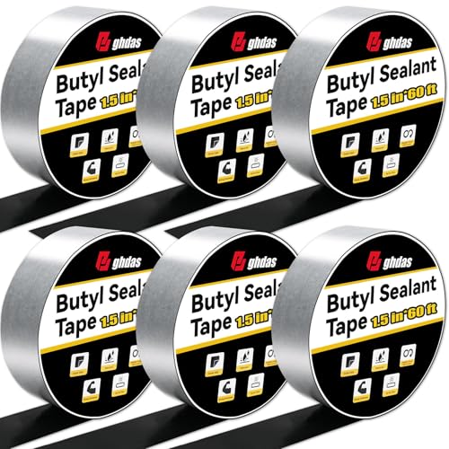 Image of Bghdas - 6 Pack Butyl Sealant Tape 1 1 /2 inch X 60' - Double Sided - Black Vapor Barrier Butyl Tape for Wall of Crawl Space, Rv Windows, Deck Boat, Crawlspace (Waterproof, Weatherproof)