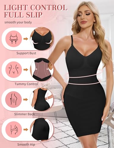 Image of SLIMBELLE Shapewear Dress Slip For Under Dresses Women Tummy Control Adjustable Strap V Neck Full Slip Seamless Shaper