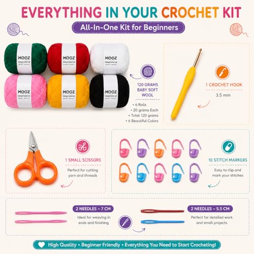Image of MOOZ Baby Wool Yarn Set - (20g Each) Soft Knitting & Crochet Wool for DIY Craft, Hand Knitting, Crochet Projects & Art Supplies (Crochet Kit)