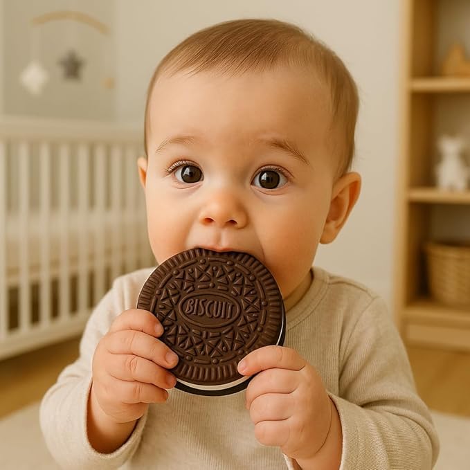 Image of BabyGo BPA-Free Silicone Cookie Teether for Babies | Soft & Safe Teething Toy for 6-12 Months | Food-Grade Material with Textured Surface for Gum Relief & Oral Development (Pack of 1)(Brown)