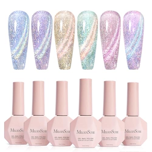 Image of MelodySusie Glitter Cat Eye Gel Nail Polish Set 6 PCS, 15ml 0.5 Fl Oz Holographic Magnetic Nail Polish with Magnet, UV Nail Polish for Nail Art Manicure Salon DIY at Home