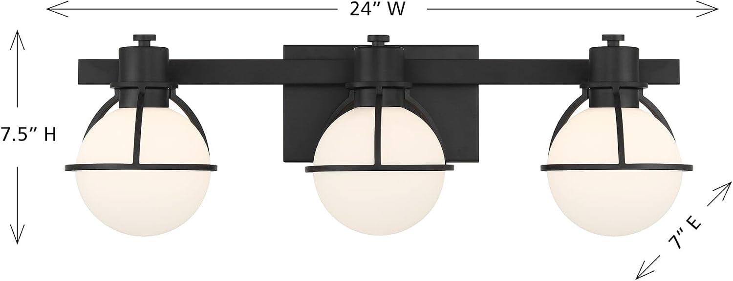 Savoy House 8-1060-3-BK Pierce Vintage Industrial Opal Glass Bathroom Vanity Wall Light, 3-Light 180 Total Watts, 8" H x 24" W, Matte Black