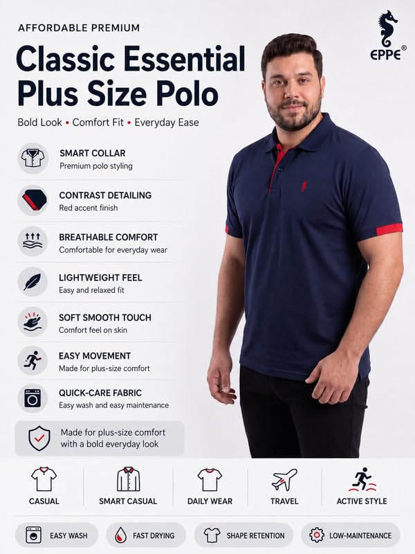 Image of EPPE Men's Plus Size Polo T-Shirt |Regular Fit, Stretchable Micropolyester Half Sleeve T-Shirt for Men|Casual & Sports Wear