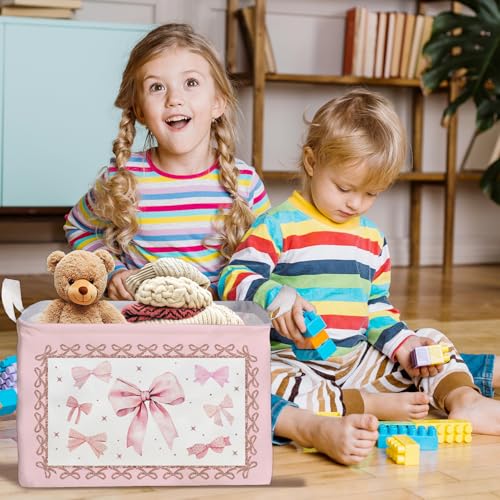 Image of Pink Bow Foldable Storage Box, Waterproof Toy and Clothes Storage Box for Nursery Room, Pink Cute Bow Decorative Fabric Basket for Boys Girls Bedroom, Storage Basket Gifts for Bow Party Decoration