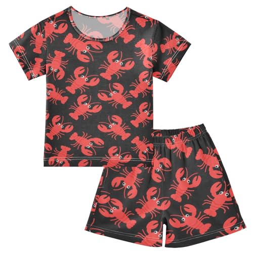 ALAZA Cartoon Lobster Red Black Pajamas Set Short Sleeve Cotton Sleepwear Summer Pjs 2 Piece 5-14Y