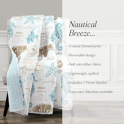 Image of Lush Decor Harbor Life Throw Blanket, 50 inch W x 60 inch L, Blue & Taupe - Throw Blankets for Bed - Couch Blanket - Coastal Throw Blanket for Couch