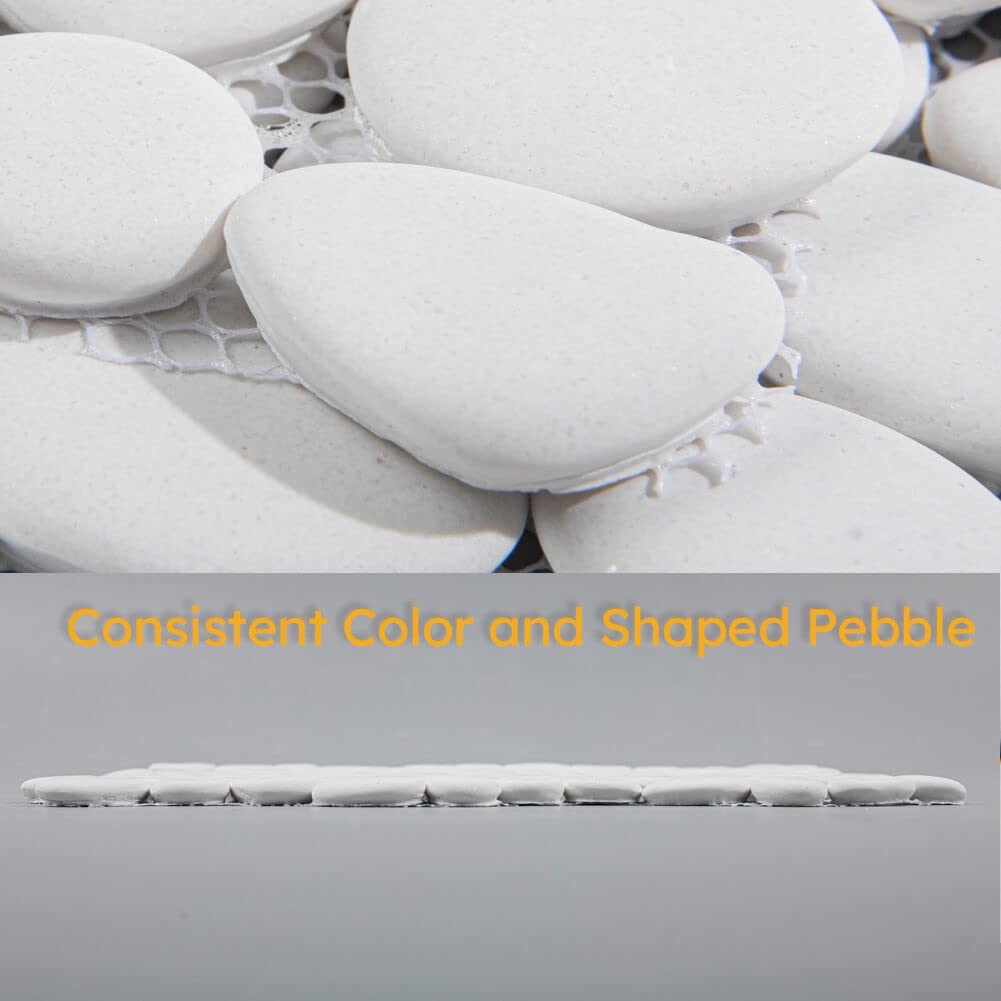 Diflart White Pebble Backsplash Tile Polished for Kitchen Shower Floor Wall Tiles Pack of 5 Sheets