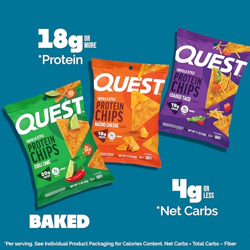 Image of Quest Nutrition Tortilla Style Protein Chips Variety Pack, Chili Lime, Nacho Cheese, Loaded Taco, Low Carb, High Protein, Gluten Free, 1.1 oz (Pack of 12)