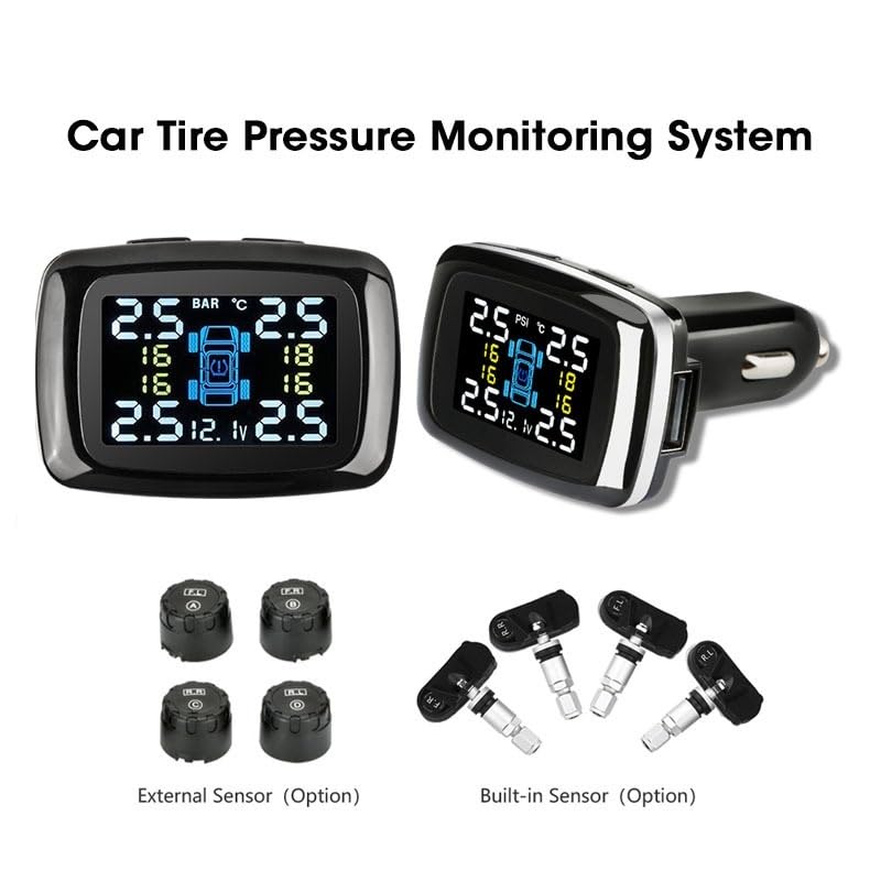 Tpms Sensori del sistema di monitoraggio della pressione dei pneumatici dell'auto, accendisigari con porta USB, sistema di controllo, allarme di sicurezza automatico Pressione Pneumatici(External sens